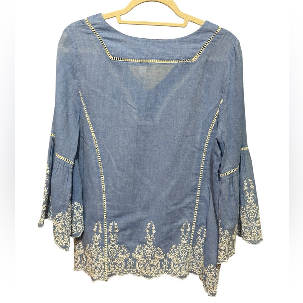 Sundance Lace Blue & White Liliana Embroidered‎ Blouse Top Bell Sleeves Sz L - Picture 3 of 14